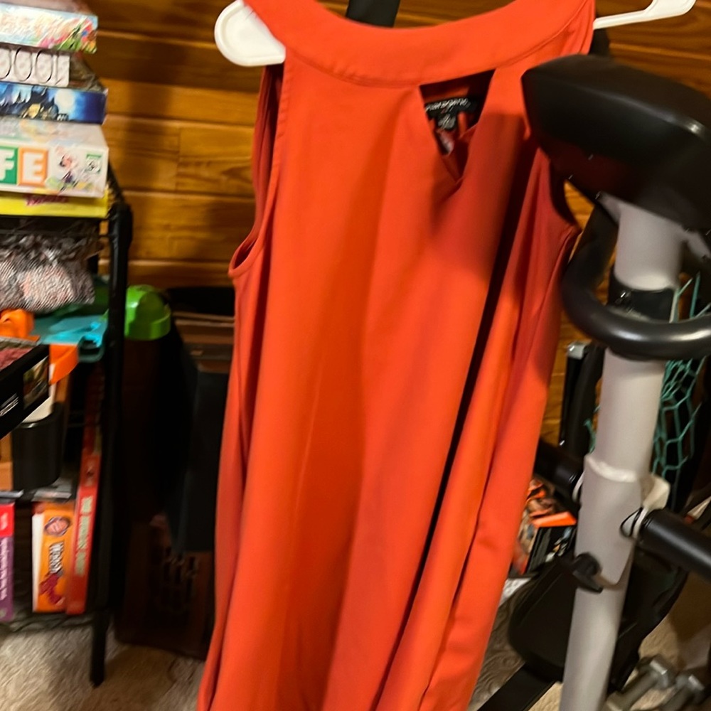 Burnt orange midi dress with pockets. Size 12 most comfortable!